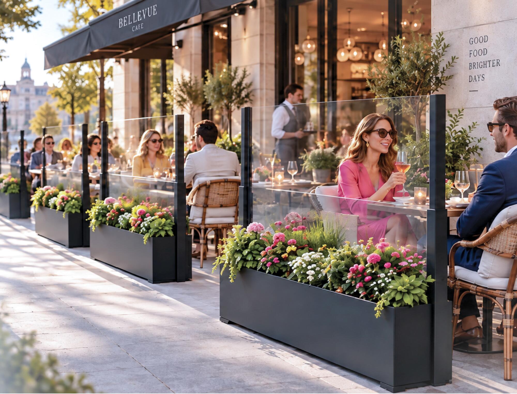 Restaurant terrace with NOVINDE glass and planters