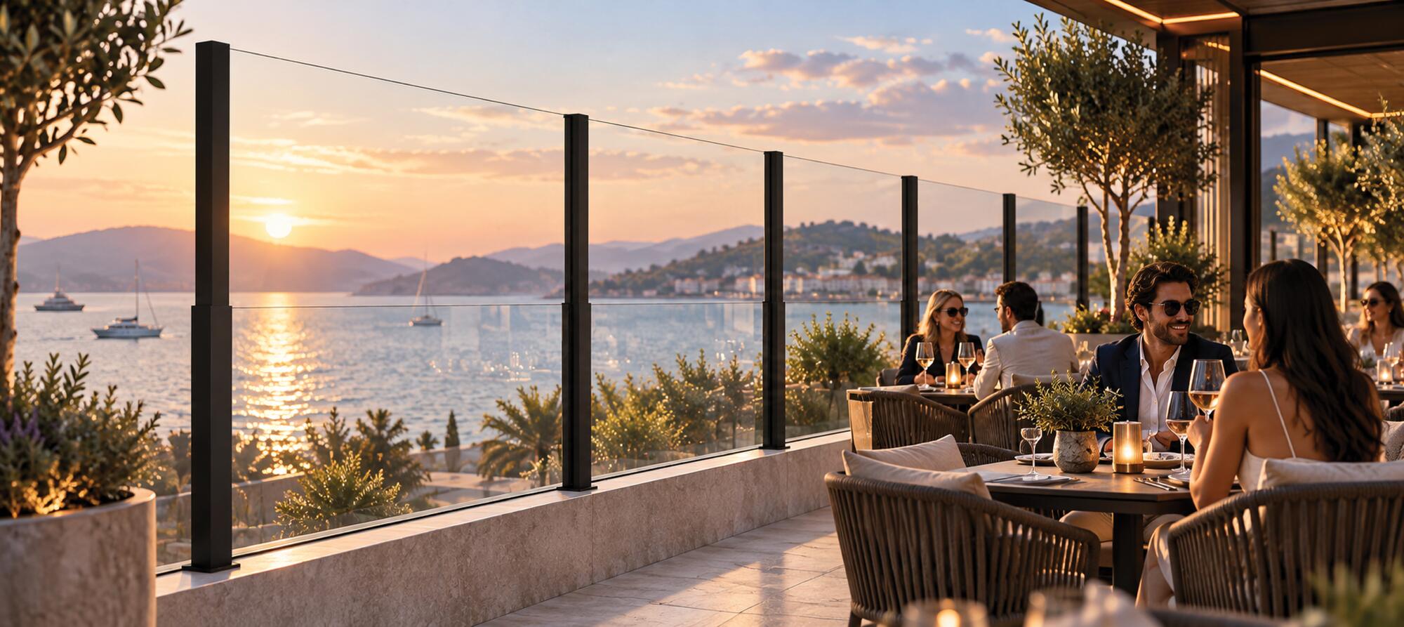 Seaside dinner terrace at sunset